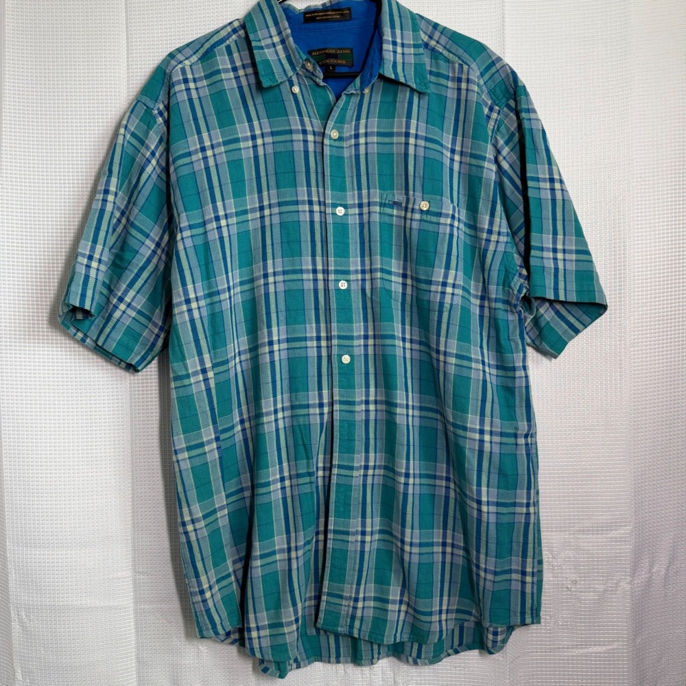Alexander Julian Colours Shirt Cotton Plaid Short Sleeve Casual Teal Blue L
